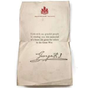 WW1 Death Penny / Memorial Plaque Buckingham Palace Letter Insert Slip