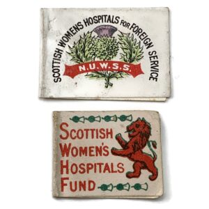 2x WW1 Scottish Womens Wounded Soldiers Hospitals Fund Flag Day Fundraising Pin Badges