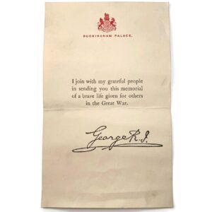 WW1 Death Penny / Memorial Plaque Buckingham Palace Letter Insert Slip