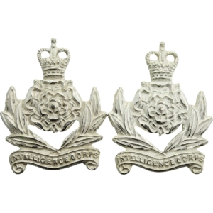 Intelligence Corps OFFICERS Collar Badge PAIR LB&B Makers Mark - Queens Crown