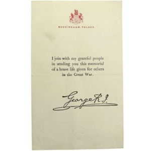 WW1 Death Penny / Memorial Plaque Buckingham Palace Letter Insert Slip