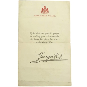 WW1 Death Penny / Memorial Plaque Buckingham Palace Letter Insert Slip