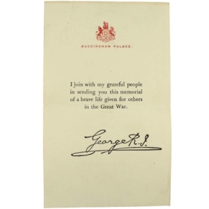 WW1 Death Penny / Memorial Plaque Buckingham Palace Letter Insert Slip