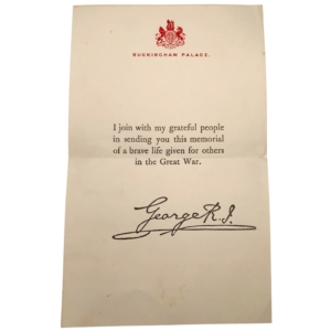 WW1 Death Penny / Memorial Plaque Buckingham Palace Letter Insert Slip