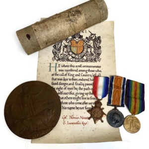 Killed in Action KIA Medal Trio Memorial Scroll & Death Plaque SINGLE SHELL HIT East Lancashire